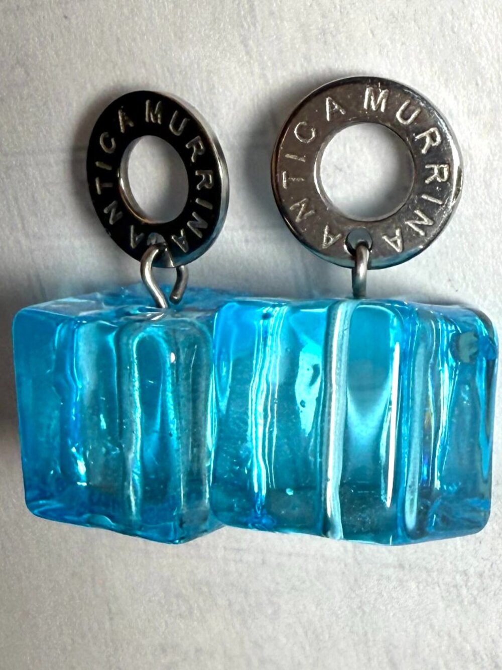 Antica Murrina Turquoise Blue Art Glass Ice Cube Silver Earrings Italy